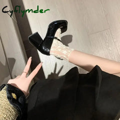 Cyflymder Mary Janes Office Ladies Solid Elegant Vintage Black Sandals Woman Buckle Non-Slip Casual Medium Heels Heels