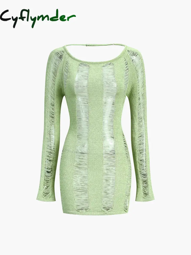 Cyflymder - Matcha Open Knit Backless Short Dress Lightgreen / S Sweater Dresses