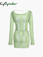 Cyflymder - Matcha Open Knit Backless Short Dress Sweater Dresses