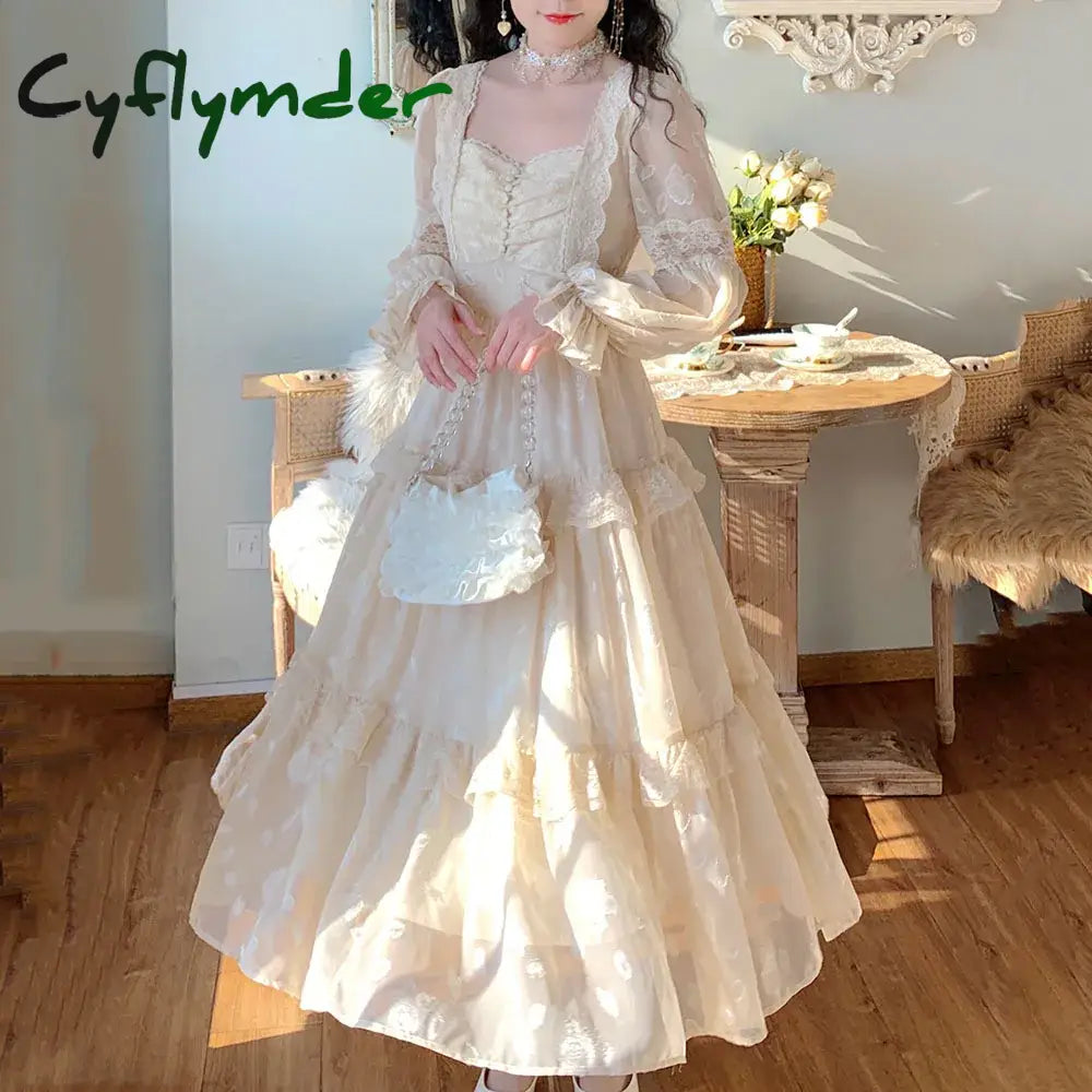 Cyflymder Medieval Romantic French Court Style Dress Womens Spring Flare Sleeve High Waist Elegant