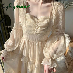 Cyflymder Medieval Romantic French Court Style Dress Womens Spring Flare Sleeve High Waist Elegant