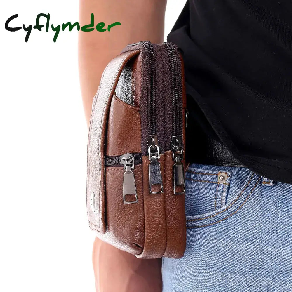 Cyflymder Men Leather Waist Bag Large Capacity Belt Brown Shoulder Bags Crossbody Multi-Layer