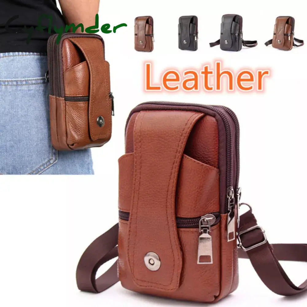 Cyflymder Men Leather Waist Bag Large Capacity Belt Brown Shoulder Bags Crossbody Multi-Layer