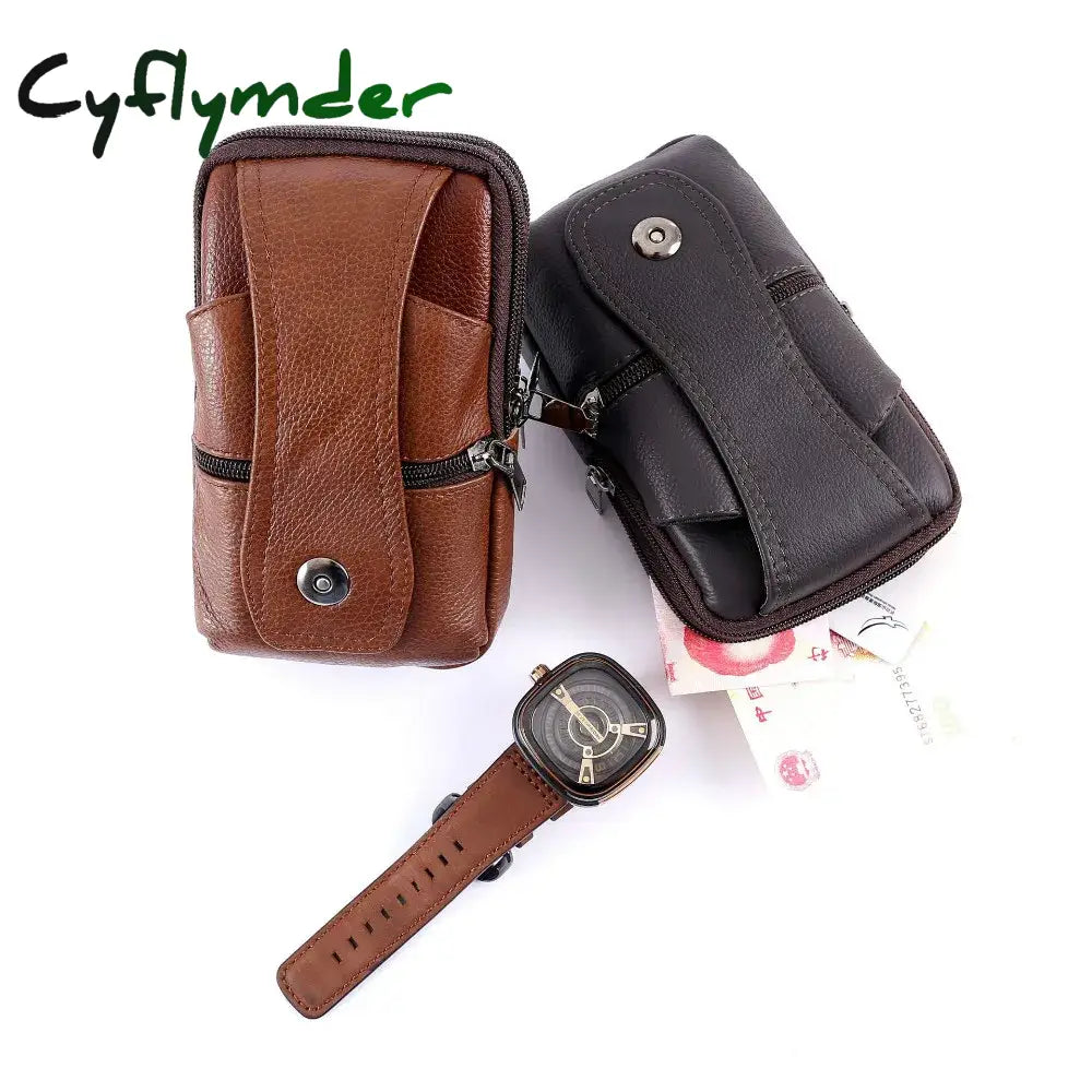 Cyflymder Men Leather Waist Bag Large Capacity Belt Brown Shoulder Bags Crossbody Multi-Layer