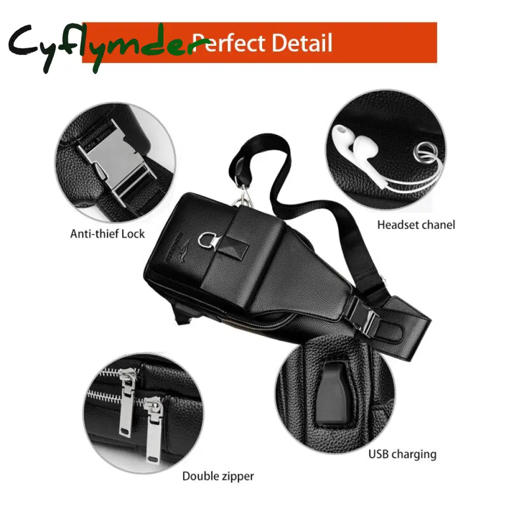 Cyflymder Men Shoulder Bag Theftproof Lock Messenger Bags Pu Leather Chest Crossbody Male Charging