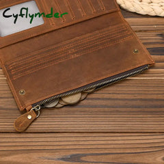 Cyflymder Men Women’s Genuiner Leather Wallet Single Zipper Long Purse Slim Coins Card Cash