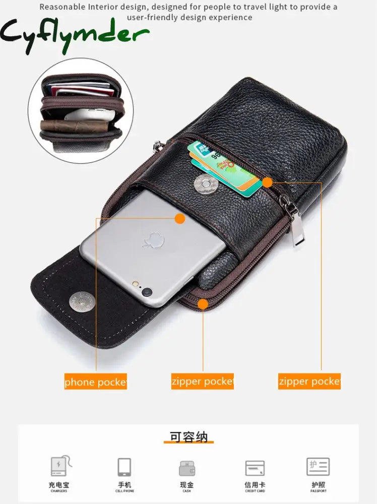 Cyflymder Men’s Genuine Leather Mobile Phone Bag Belt Pockets Fanny Packs Mini Waist For Men