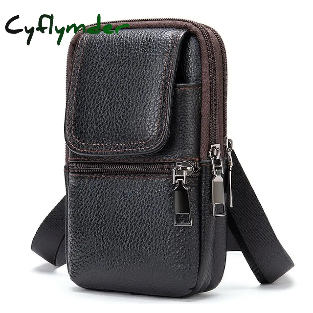 Cyflymder Men’s Genuine Leather Mobile Phone Bag Belt Shoulder Crossbody Black