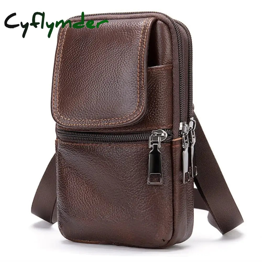 Cyflymder Men’s Genuine Leather Mobile Phone Bag Belt Shoulder Crossbody Coffee