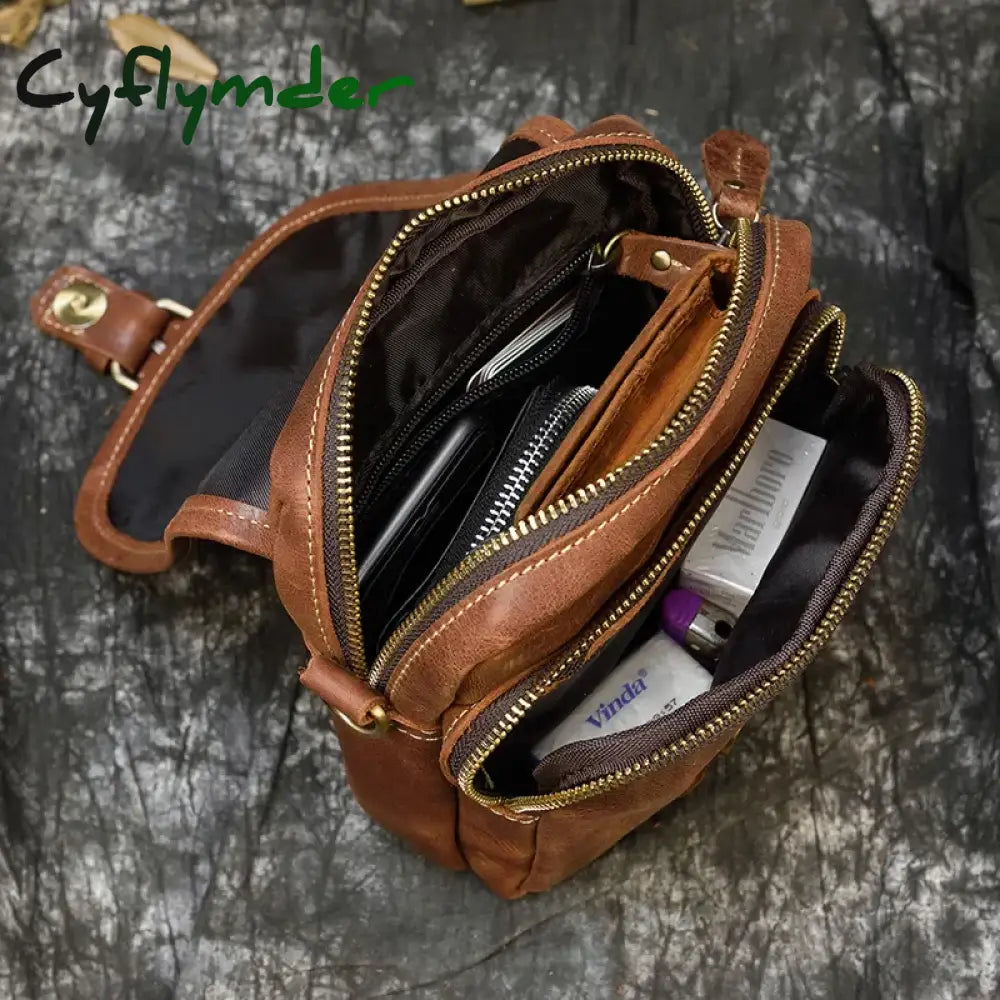 Cyflymder Men’s Genuine Leather Waist Bag 2 Use Wow Small Messenger Cowhide Fanny Pack Real