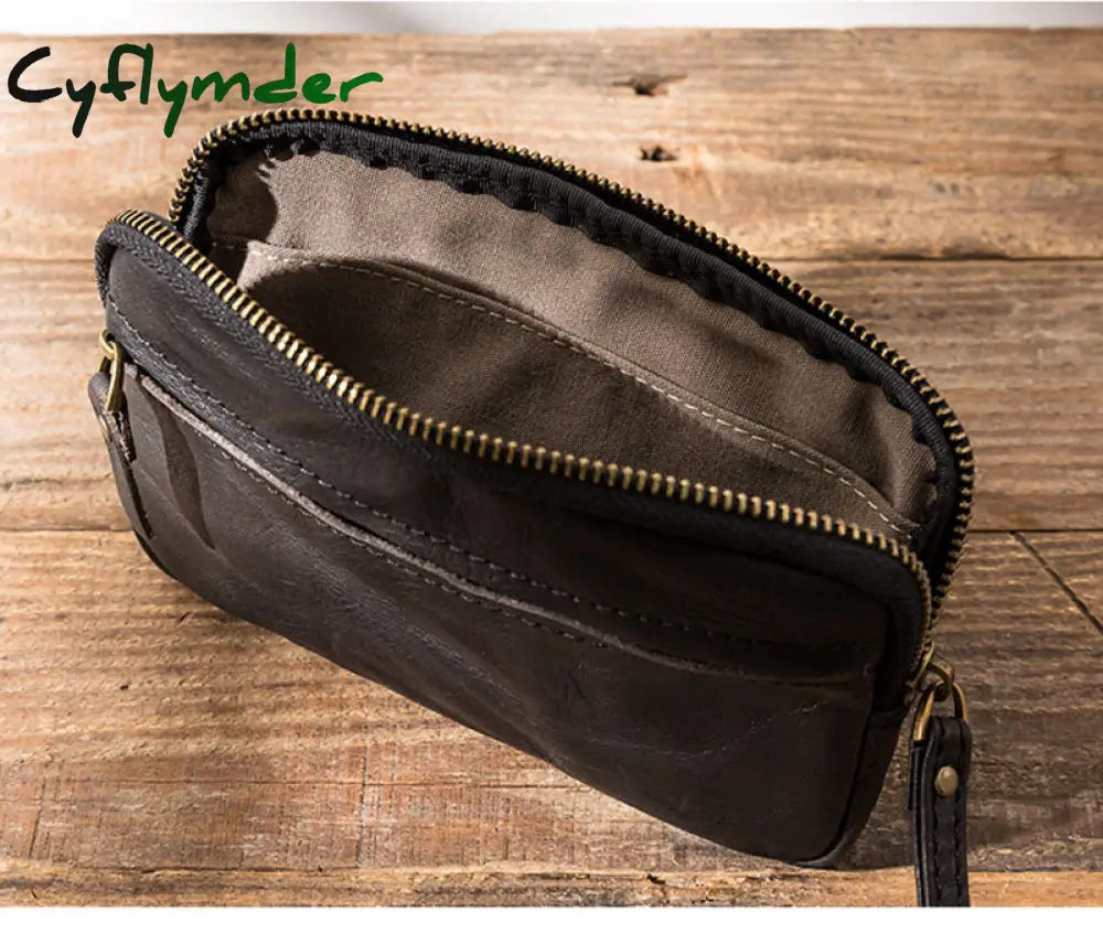 Cyflymder Men’s Leather Wallet Handmade Retro Multifunctional Cowhide Zipper Clutch Trendy