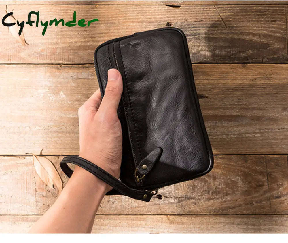 Cyflymder Men’s Leather Wallet Handmade Retro Multifunctional Cowhide Zipper Clutch Trendy