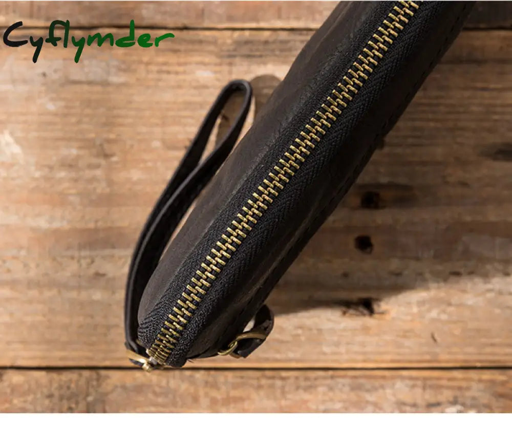 Cyflymder Men’s Leather Wallet Handmade Retro Multifunctional Cowhide Zipper Clutch Trendy