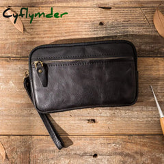 Cyflymder Men’s Leather Wallet Handmade Retro Multifunctional Cowhide Zipper Clutch Trendy