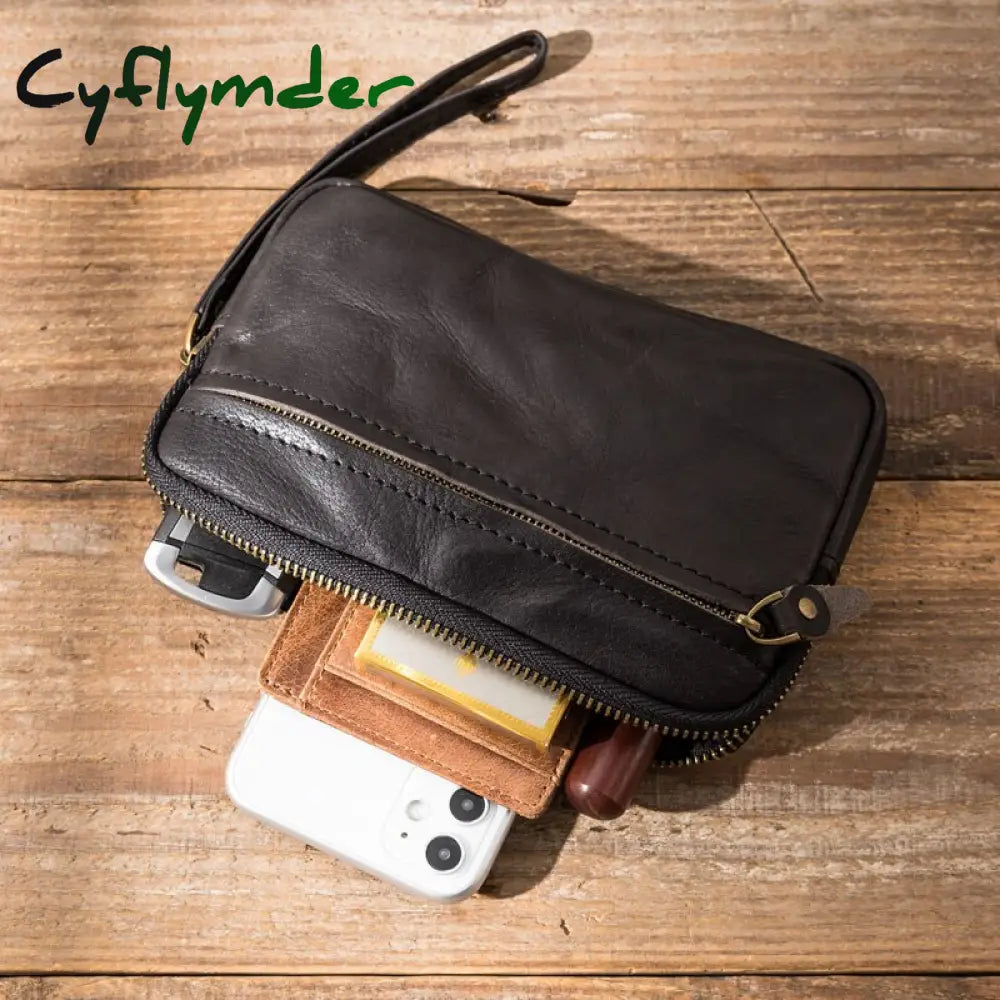 Cyflymder Men’s Leather Wallet Handmade Retro Multifunctional Cowhide Zipper Clutch Trendy