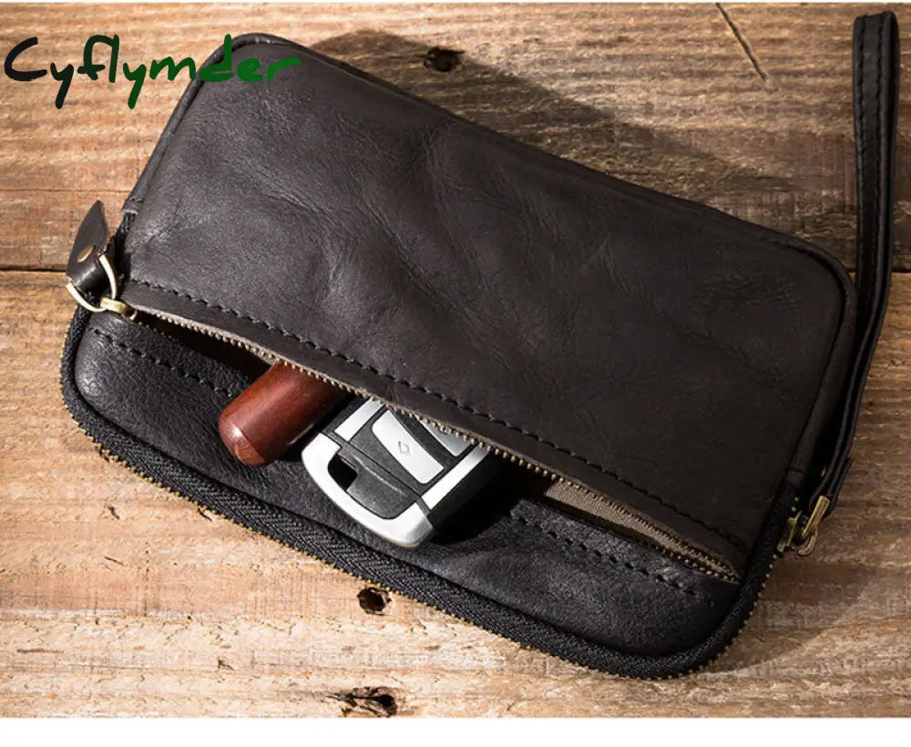 Cyflymder Men’s Leather Wallet Handmade Retro Multifunctional Cowhide Zipper Clutch Trendy