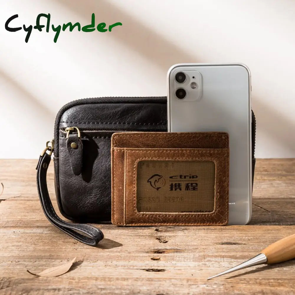 Cyflymder Men’s Leather Wallet Handmade Retro Multifunctional Cowhide Zipper Clutch Trendy