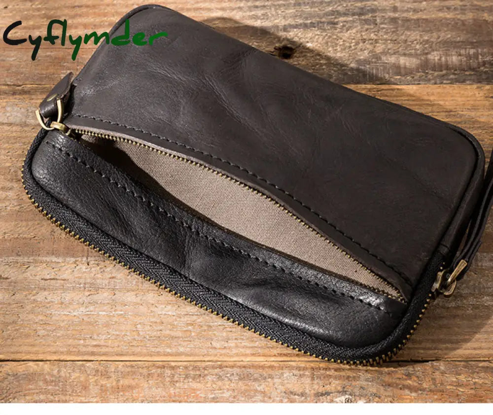 Cyflymder Men’s Leather Wallet Handmade Retro Multifunctional Cowhide Zipper Clutch Trendy