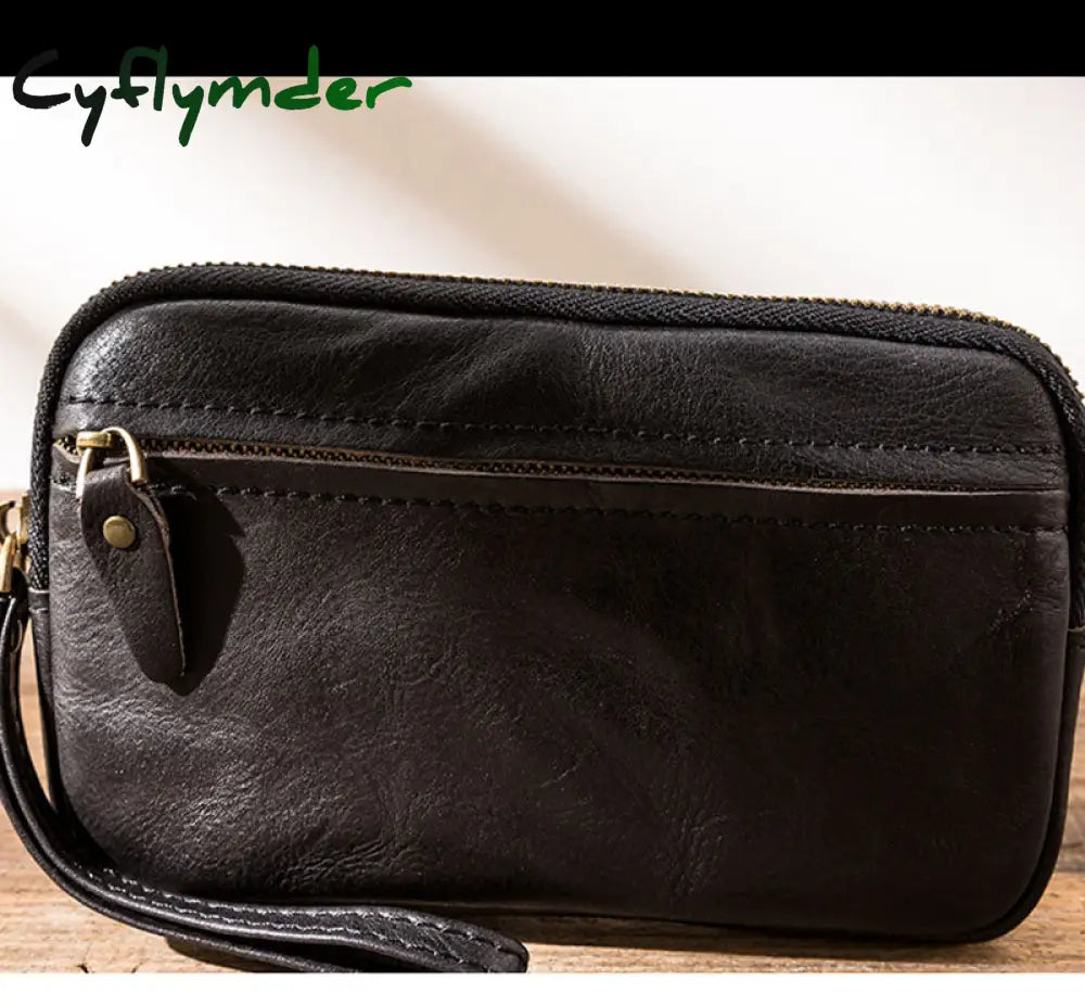 Cyflymder Men’s Leather Wallet Handmade Retro Multifunctional Cowhide Zipper Clutch Trendy