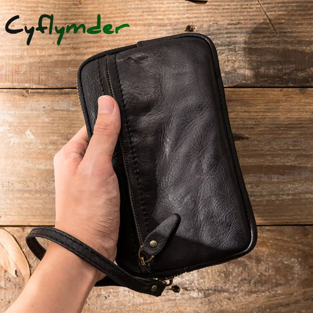 Men's Leather Wallet, Handmade Retro Multifunctional Cowhide Zipper Clutch, Trendy Personality Clutch