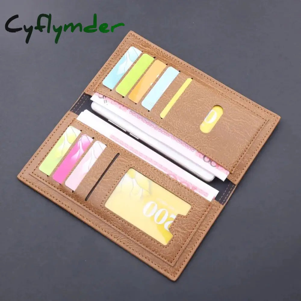 Cyflymder Men’s Long Thin Slim Wallets Vintage Pu Leather Male Credit Card Holder Brown Money