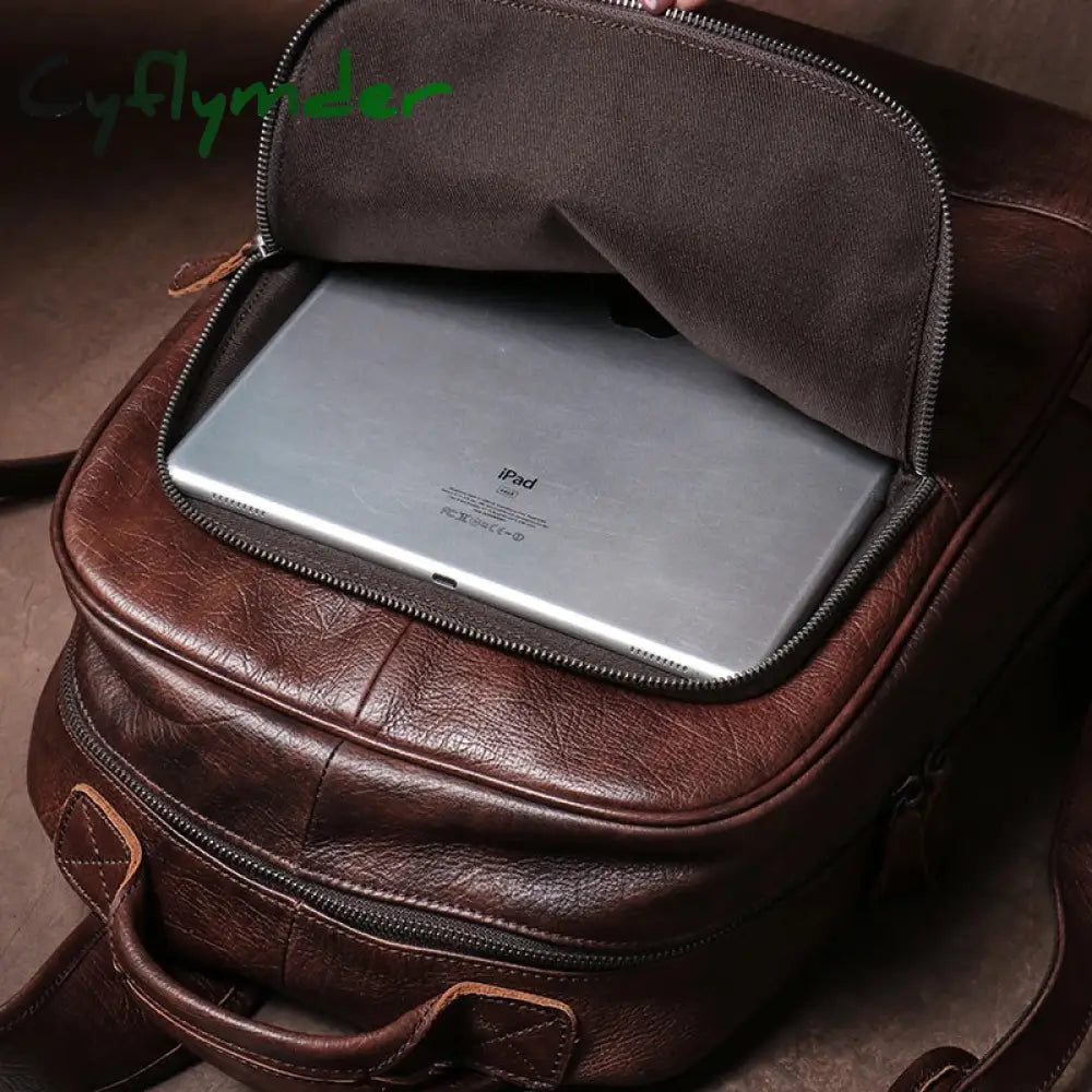 Cyflymder Men’s Vintage Genuine Leather Backpack Luxury Travel Knapsack Fashion School Bag Office Computer Bag For 16