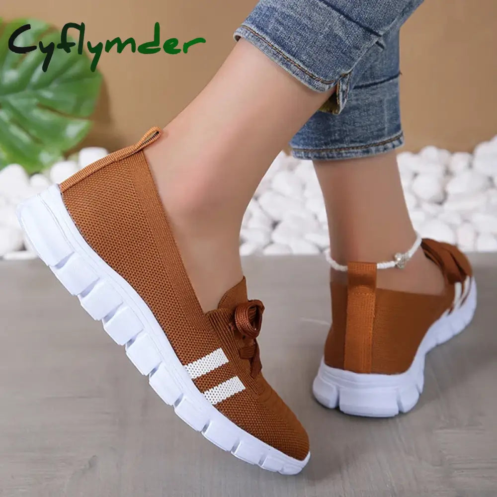 Cyflymder Mesh Knitted Striped Flats Shoes for Women Summer Lace Up Casual Sneakers Woman Breathable Soft Sole Loafers