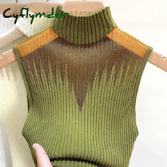 Cyflymder Mesh Knitted Top Women Y2K Tank Half Neck Vest Female Sleeveless Sweater Chic Cut Out