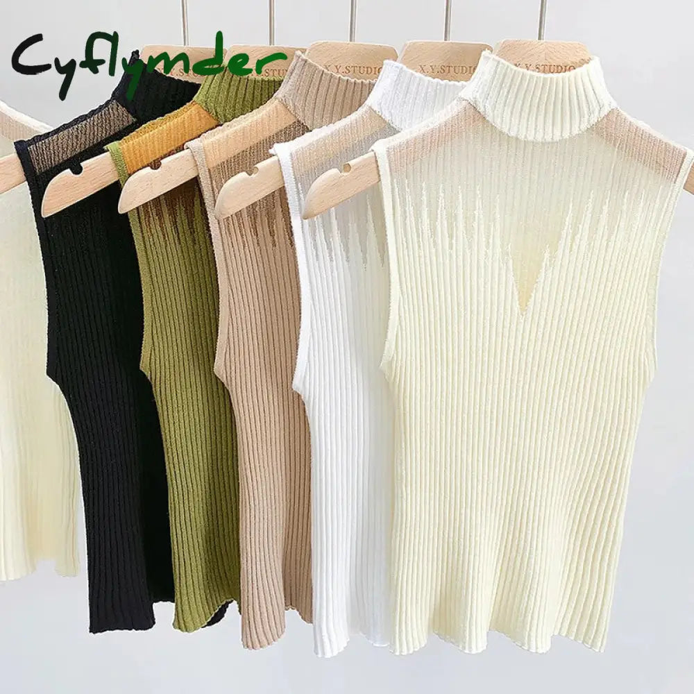 Cyflymder Mesh Knitted Top Women Y2K Tank Half Neck Vest Female Sleeveless Sweater Chic Cut Out