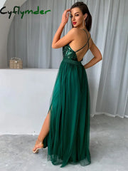 Cyflymder Mesh Sequins V-Neck Dress Women New Cocktail Party Dresses Backless Summer Maxi Long