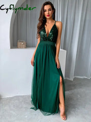 Cyflymder Mesh Sequins V-Neck Dress Women New Cocktail Party Dresses Backless Summer Maxi Long