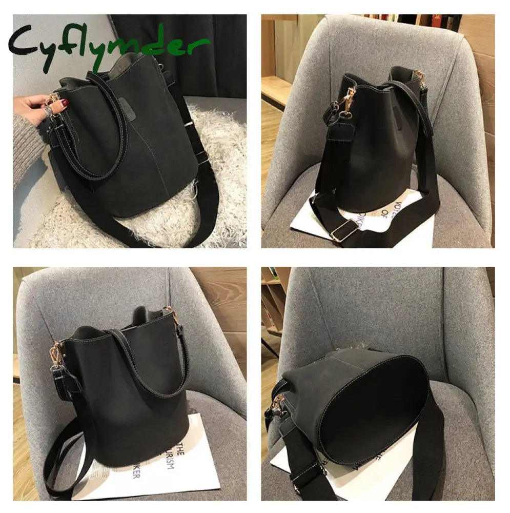 Cyflymder Messenger Bag Women Bucket Shoulder Bag Large Capacity Vintage Matte Pu Leather Lady