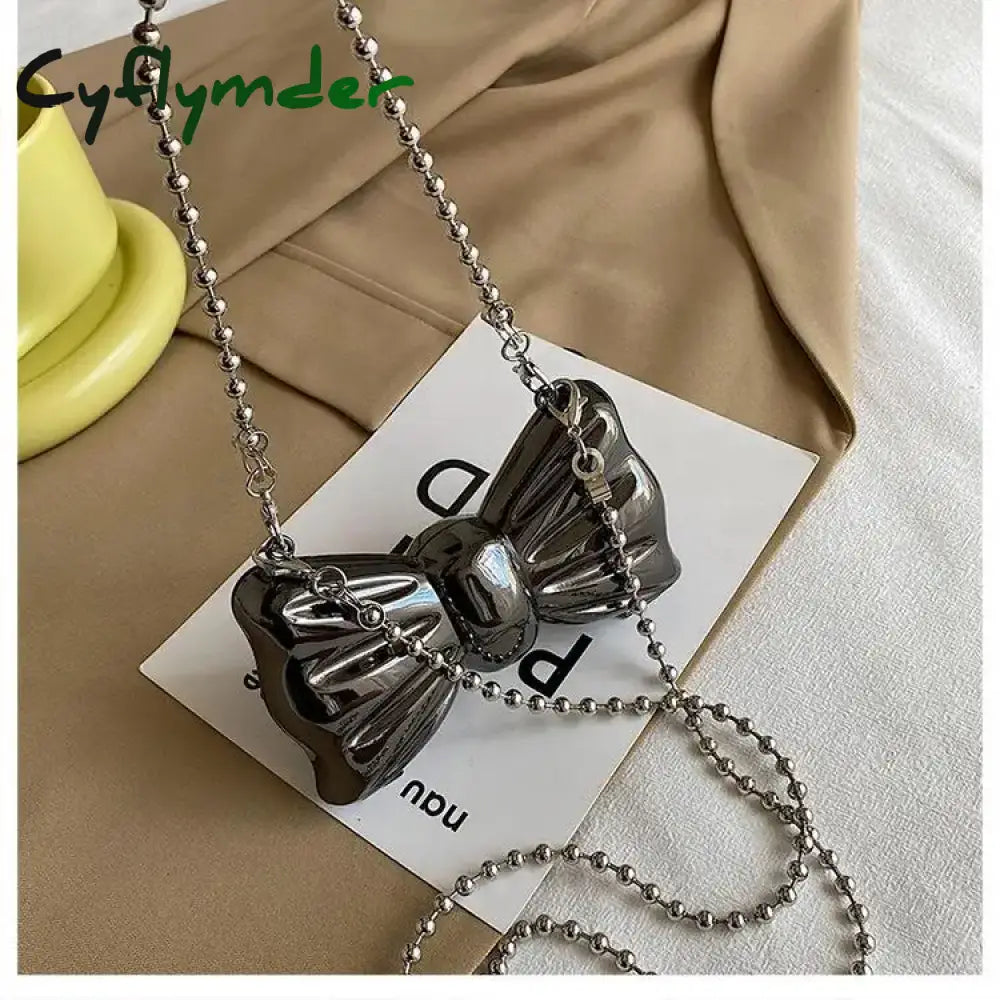 Cyflymder Metal Mini Bow Crossbody Bags For Women Fashion Silver Gold Shoulder Bag Women Bags Clutch Bag Lipstick