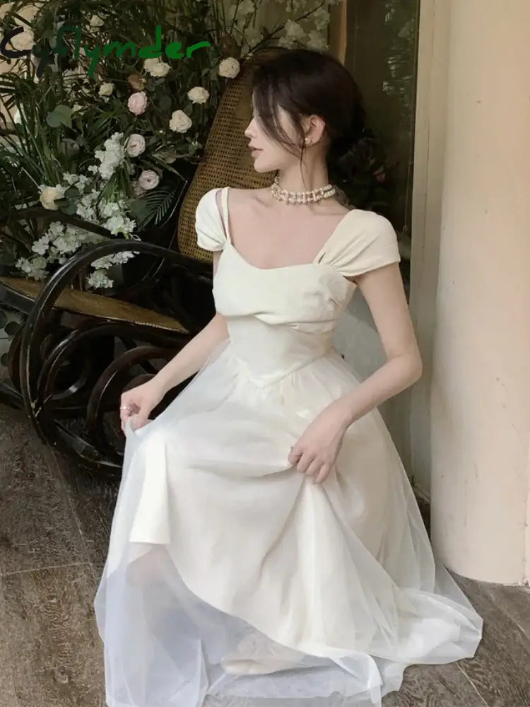 Cyflymder Midi Dress Women Pure Princess Summer Aesthetic Defined Elegant Ladies Gentle Spliced