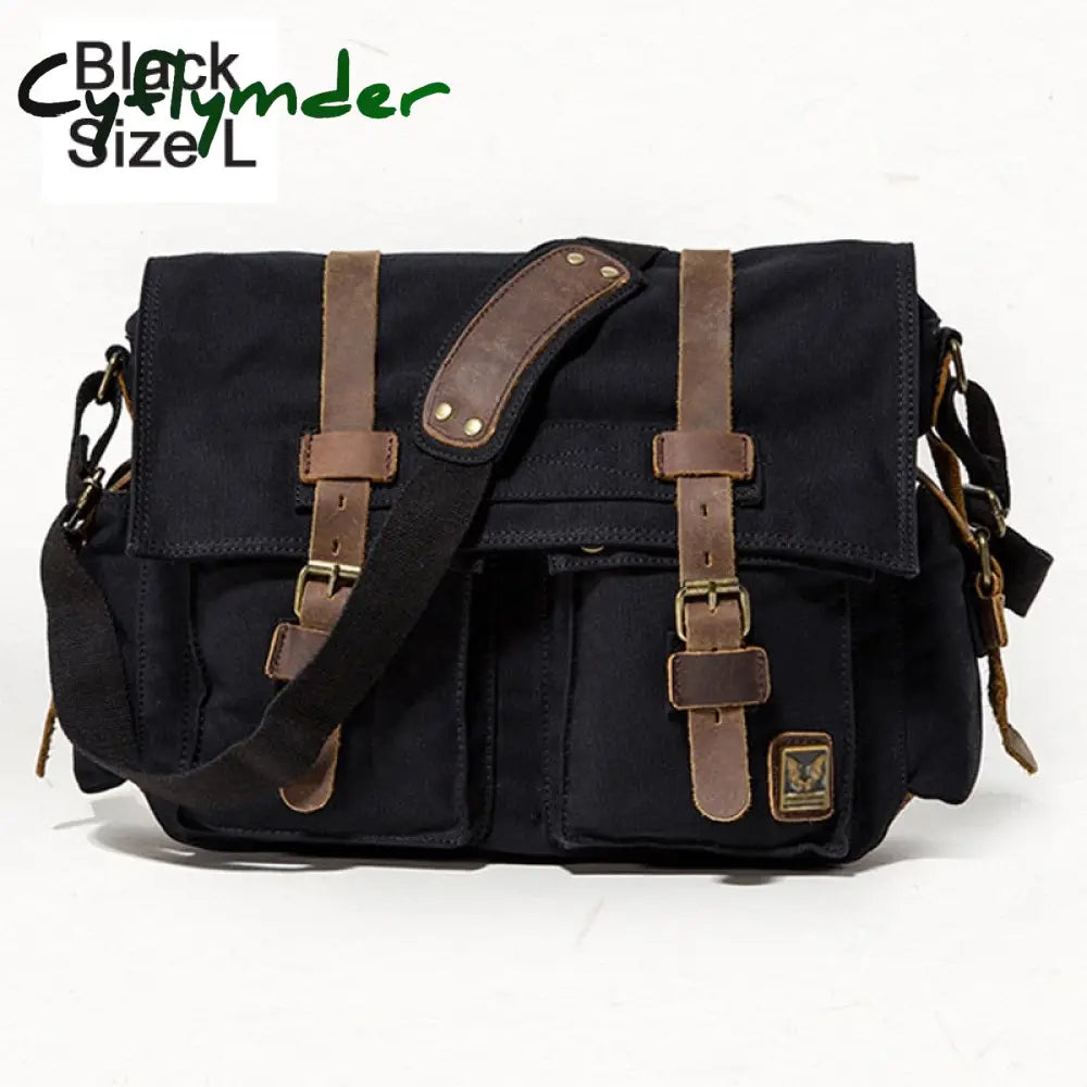 Cyflymder Military Canvas + Genuine Leather Men Messenger Bag Shoulder Men Crossbody Casual Black