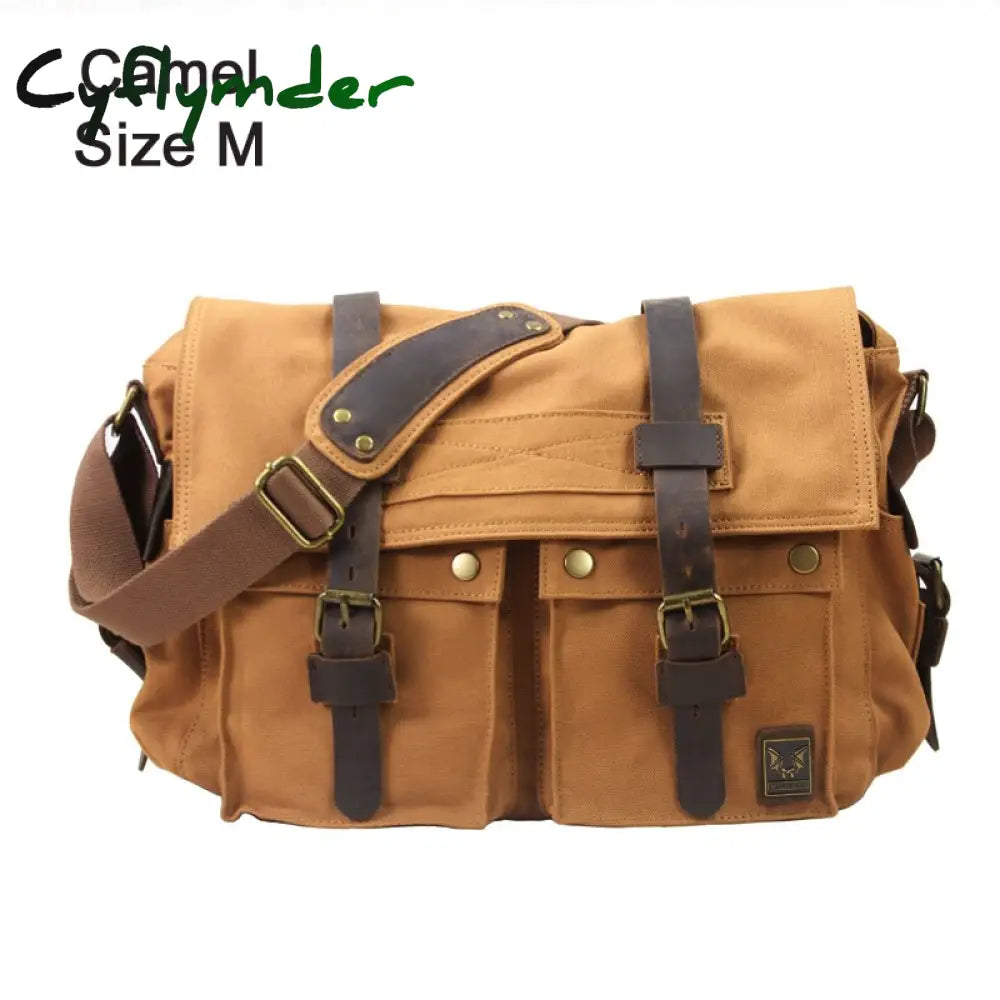 Cyflymder Military Canvas + Genuine Leather Men Messenger Bag Shoulder Men Crossbody Casual Camel