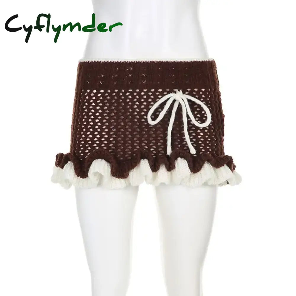 Cyflymder Mini Skirt Knit Ruffles Lace-Up Vintage Y2k Low Rise Contrast Patchwork Pencil Mini Skirts Harajuku