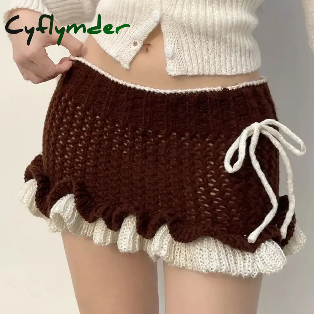 Cyflymder Mini Skirt Knit Ruffles Lace-Up Vintage Y2k Low Rise Contrast Patchwork Pencil Mini Skirts Harajuku