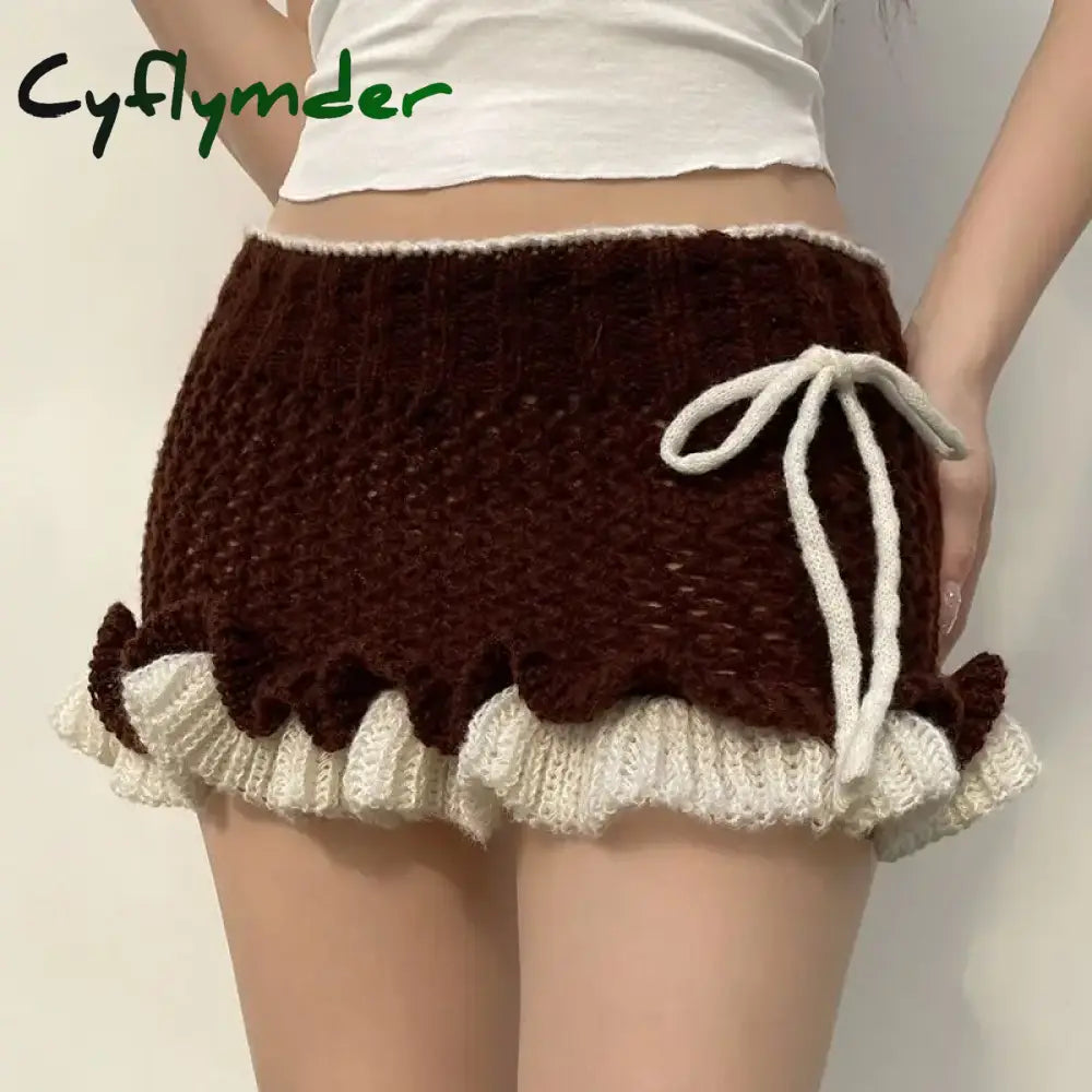 Cyflymder Mini Skirt Knit Ruffles Lace-Up Vintage Y2k Low Rise Contrast Patchwork Pencil Mini Skirts Harajuku