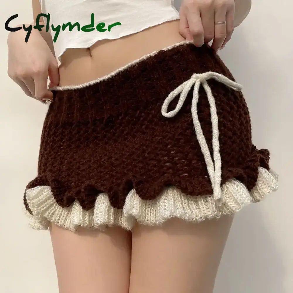 Cyflymder Mini Skirt Knit Ruffles Lace-Up Vintage Y2k Low Rise Contrast Patchwork Pencil Mini Skirts Harajuku