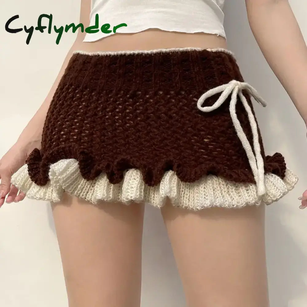 Cyflymder Mini Skirt Knit Ruffles Lace-Up Vintage Y2k Low Rise Contrast Patchwork Pencil Mini Skirts Harajuku