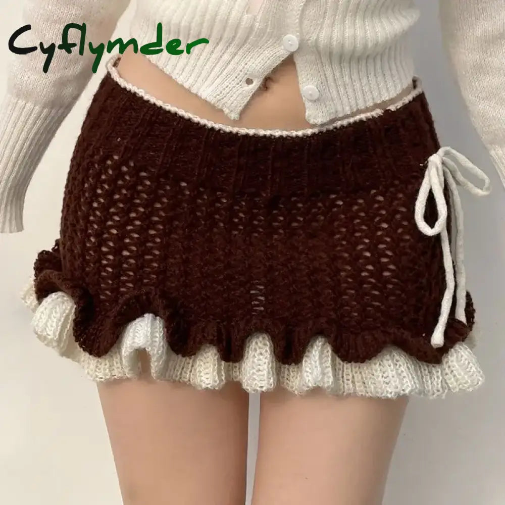 Cyflymder Mini Skirt Knit Ruffles Lace-Up Vintage Y2k Low Rise Contrast Patchwork Pencil Mini Skirts Harajuku