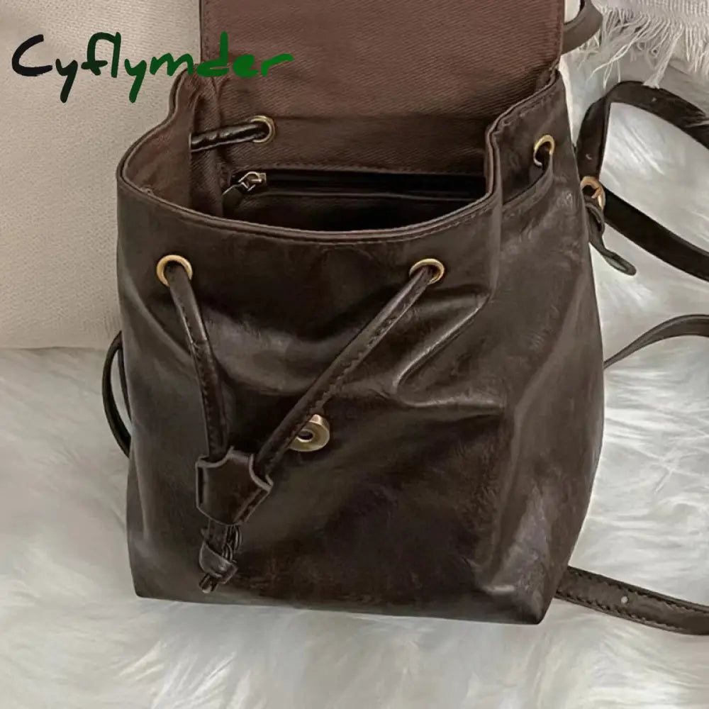 Cyflymder Mini Small Retro Brown Backpack Women Spring And Summer New Simple Versatile Shoulder Bag