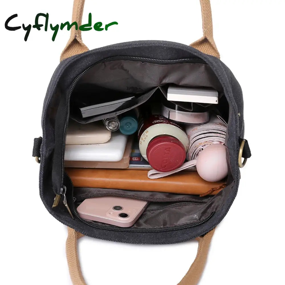 Cyflymder Mini Tote Bags For Women Simple Fashion Canvas Black Shoulder Messenger Bag Plain Color