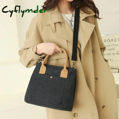 Cyflymder Mini Tote Bags For Women Simple Fashion Canvas Black Shoulder Messenger Bag Plain Color