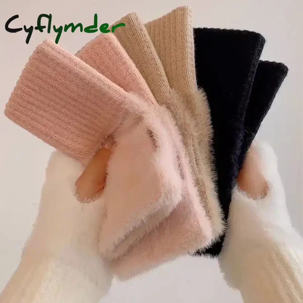 Cyflymder Mink Fleece Soft Winter Half Finger Gloves Women Warm Luxury Solid White Plush Knitted Fingerless Gloves