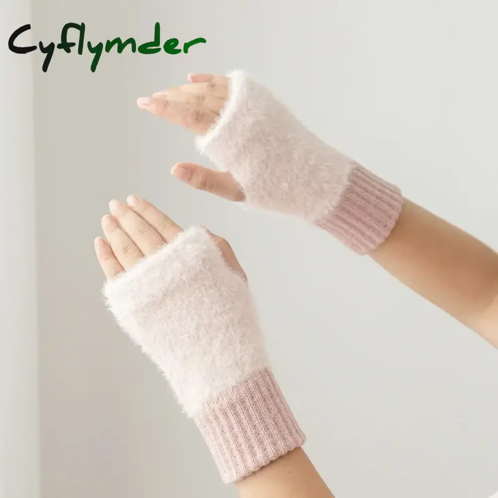 Cyflymder Mink Fleece Soft Winter Half Finger Gloves Women Warm Luxury Solid White Plush Knitted Fingerless Gloves