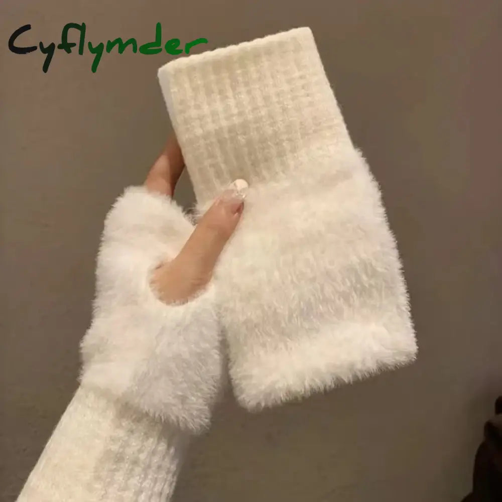 Cyflymder Mink Fleece Soft Winter Half Finger Gloves Women Warm Luxury Solid White Plush Knitted Fingerless Gloves