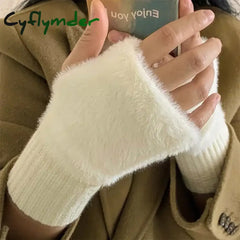 Cyflymder Mink Fleece Soft Winter Half Finger Gloves Women Warm Luxury Solid White Plush Knitted Fingerless Gloves