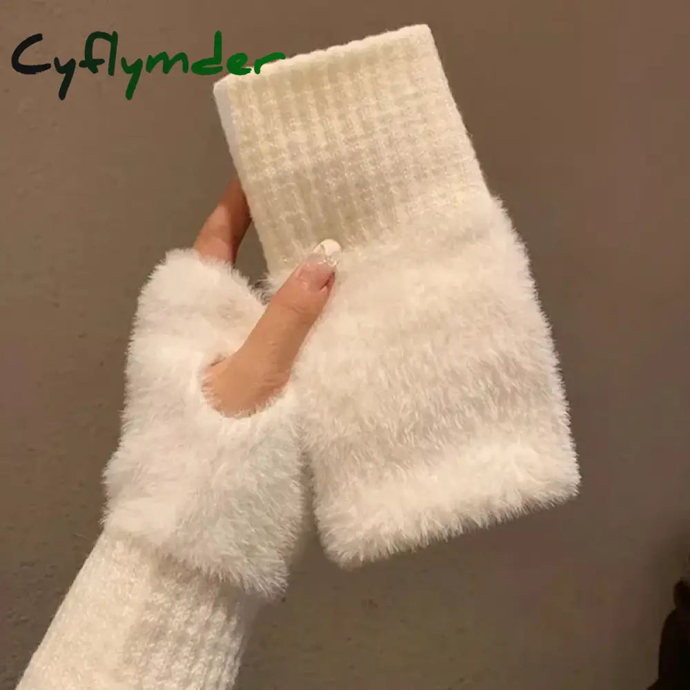 Cyflymder Mink Fleece Soft Winter Half Finger Gloves Women Warm Luxury Solid White Plush Knitted Fingerless Gloves